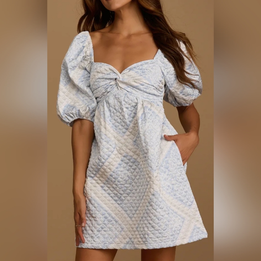 En Saison Elegant Blue Puff Sleeve Dress - Picture 2 of 8